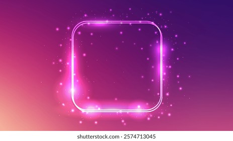 Neon double rounded square frame with shining effects and sparkles on dark pink background. Empty glowing techno backdrop. Vector illustration