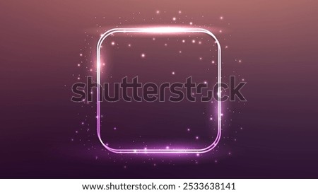 Neon double rounded square frame with shining effects and sparkles on brown background. Empty glowing techno backdrop. Vector illustration