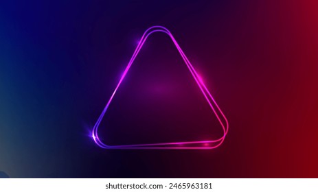 Neon double rounded triangle frame with shining effects on purple background. Empty glowing techno backdrop. Vector illustration