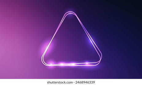 Neon double rounded triangle frame with shining effects on purple background. Empty glowing techno backdrop. Vector illustration