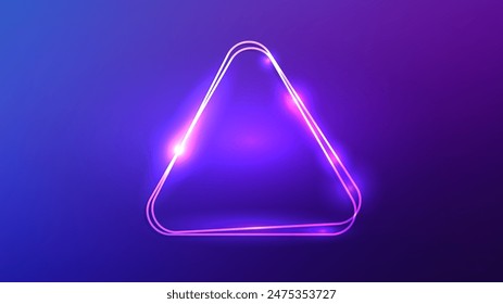 Neon double rounded triangle frame with shining effects on blue background. Empty glowing techno backdrop. Vector illustration