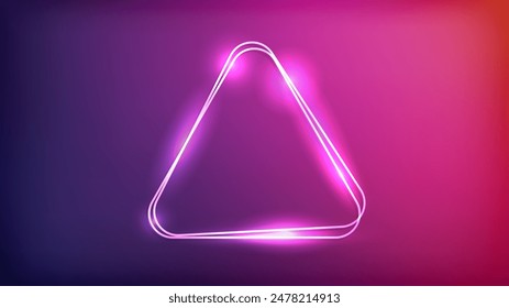 Neon double rounded triangle frame with shining effects on purple background. Empty glowing techno backdrop. Vector illustration