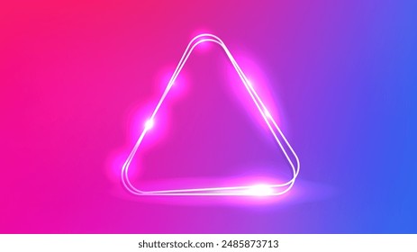 Neon Doppelter abgerundeter Dreiecksrahmen mit leuchtenden Effekten auf lila Hintergrund. Leere glühende Techno-Kulisse. Vektorillustration