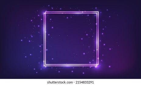 Neon double square frame with shining effects and sparkles on dark background. Empty glowing techno backdrop. Vector illustration