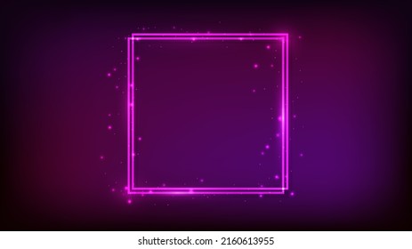 Neon double square frame with shining effects and sparkles on dark background. Empty glowing techno backdrop. Vector illustration