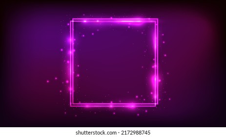 Neon double square frame with shining effects and sparkles on dark background. Empty glowing techno backdrop. Vector illustration
