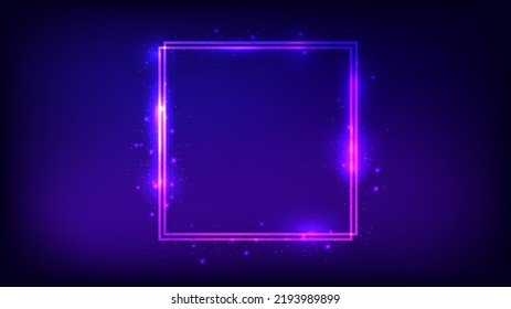 Neon double square frame with shining effects and sparkles on dark background. Empty glowing techno backdrop. Vector illustration