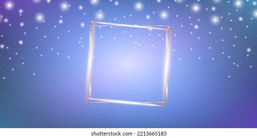 Neon double square frame with shining effects and sparkles on dark background. Empty glowing techno backdrop. Vector illustration