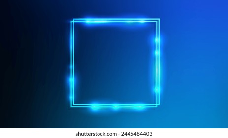 Neon double square frame with shining effects on blue background. Empty glowing techno backdrop. Vector illustration