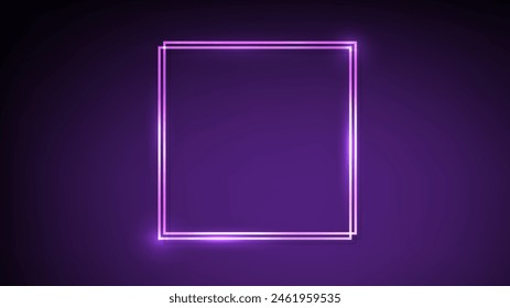 Neon double square frame with shining effects on dark purple background. Empty glowing techno backdrop. Vector illustration