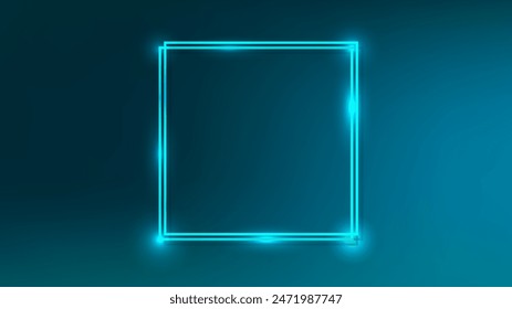 Neon double square frame with shining effects on dark green background. Empty glowing techno backdrop. Vector illustration