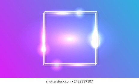 Neon double square frame with shining effects on blue background. Empty glowing techno backdrop. Vector illustration