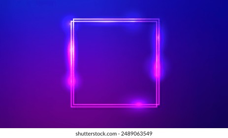 Neon-Doppel-Quadrat-Rahmen mit leuchtenden Effekten auf dunkelviolettem Hintergrund. Leere glühende Techno-Kulisse. Vektorillustration