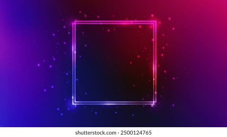 Neon double square frame with shining effects and sparkles on dark purple background. Empty glowing techno backdrop. Vector illustration