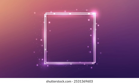 Neon double square frame with shining effects and sparkles on brown background. Empty glowing techno backdrop. Vector illustration