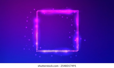 Neon double square frame with shining effects and sparkles on dark purple background. Empty glowing techno backdrop. Vector illustration