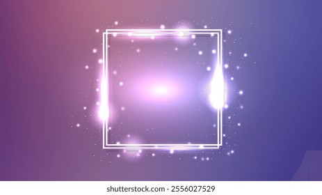 Neon double square frame with shining effects and sparkles on purple background. Empty glowing techno backdrop. Vector illustration