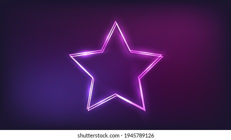 Neon double star frame with shining effects on dark background. Empty glowing techno backdrop. Vector illustration.