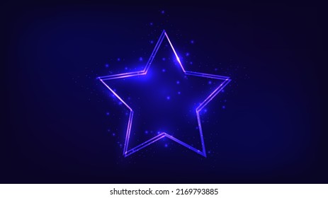 Neon double star frame with shining effects and sparkles on dark background. Empty glowing techno backdrop. Vector illustration