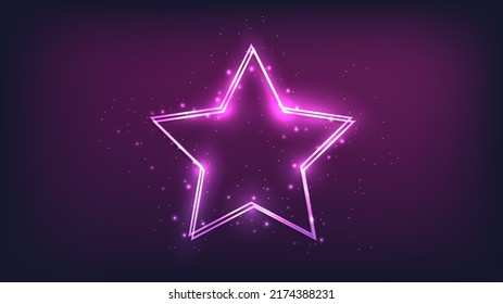 Neon double star frame with shining effects and sparkles on dark background. Empty glowing techno backdrop. Vector illustration