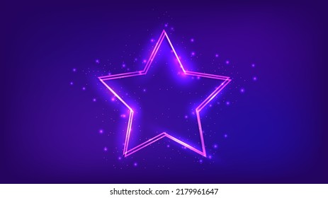 Neon double star frame with shining effects and sparkles on dark background. Empty glowing techno backdrop. Vector illustration