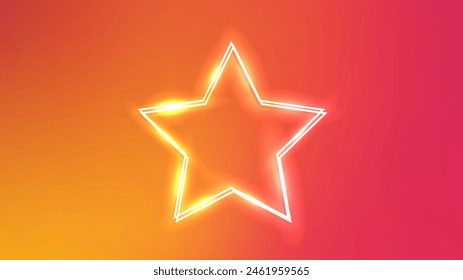 Neon double star frame with shining effects on orange background. Empty glowing techno backdrop. Vector illustration