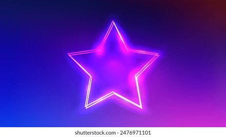 Neon double star frame with shining effects on purple background. Empty glowing techno backdrop. Vector illustration