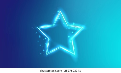 Marco de neón doble estrella con efectos brillantes y destellos sobre fondo azul. Fondo techno brillante vacío. Ilustración vectorial