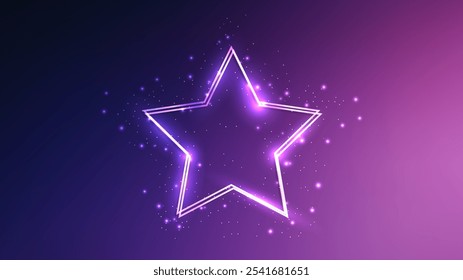 Neon double star frame with shining effects and sparkles on purple background. Empty glowing techno backdrop. Vector illustration