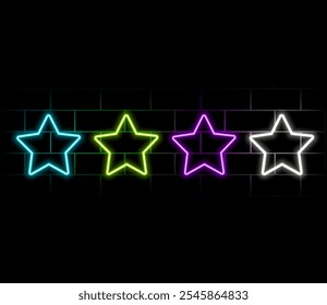 Marco de neón doble estrella con efectos brillantes y destellos sobre fondo oscuro. Fondo techno brillante vacío. Ilustración vectorial.