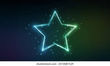Neon double star frame with shining effects and sparkles on dark green background. Empty glowing techno backdrop. Vector illustration