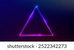 Neon double triangular frame with shining effects and sparkles on purple background. Empty glowing techno backdrop. Vector illustration