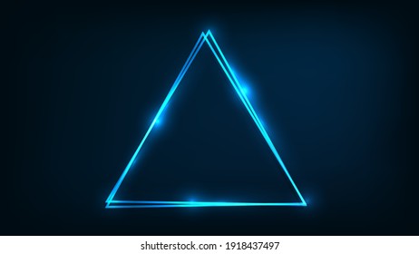 Marco triangular neón con efectos brillantes sobre el fondo oscuro. Fondo tecno brillante vacío. Ilustración vectorial.