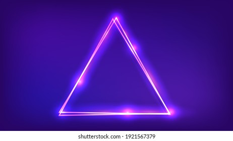 Neon double triangular frame with shining effects on dark background. Empty glowing techno backdrop. Vector illustration.