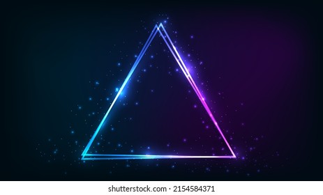 Neon double triangular frame with shining effects and sparkles on dark background. Empty glowing techno backdrop. Vector illustration