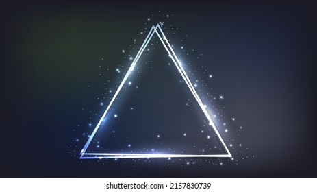Neon double triangular frame with shining effects and sparkles on dark background. Empty glowing techno backdrop. Vector illustration
