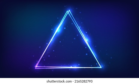 Neon double triangular frame with shining effects and sparkles on dark background. Empty glowing techno backdrop. Vector illustration