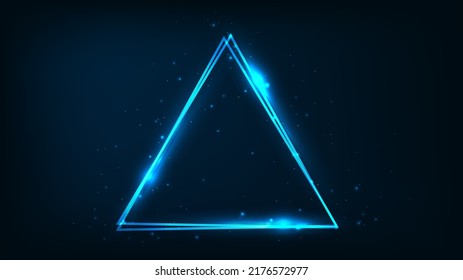 Marco triangular de neón con efectos brillantes y destellos sobre fondo oscuro. Fondo tecno brillante vacío. Ilustración del vector