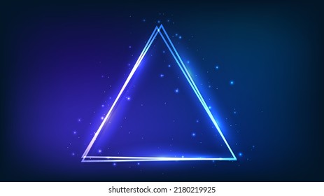 Neon double triangular frame with shining effects and sparkles on dark background. Empty glowing techno backdrop. Vector illustration