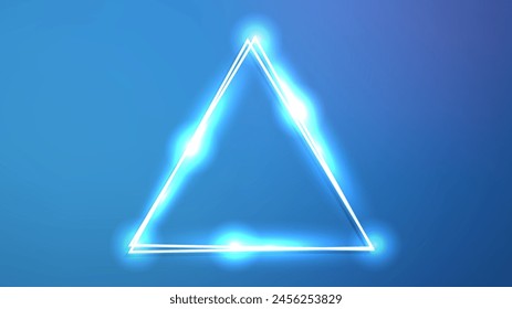 Marco triangular doble de neón con efectos brillantes sobre fondo azul. Fondo tecno resplandeciente vacío. Ilustración vectorial