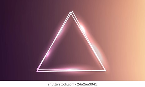 Marco triangular doble de neón con efectos brillantes sobre fondo marrón. Fondo tecno resplandeciente vacío. Ilustración vectorial