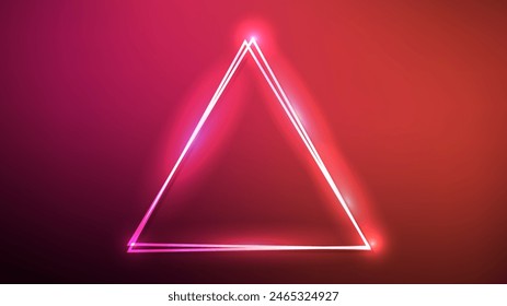 Neon double triangular frame with shining effects on red background. Empty glowing techno backdrop. Vector illustration