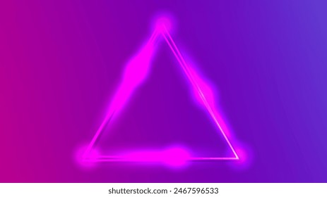 Neon double triangular frame with shining effects on dark purple background. Empty glowing techno backdrop. Vector illustration