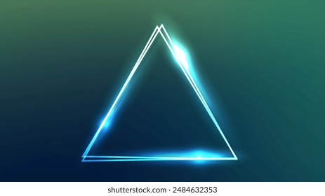Neon double triangular frame with shining effects on dark green background. Empty glowing techno backdrop. Vector illustration