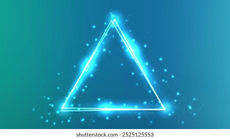 Neon double triangular frame with shining effects and sparkles on dark green background. Empty glowing techno backdrop. Vector illustration
