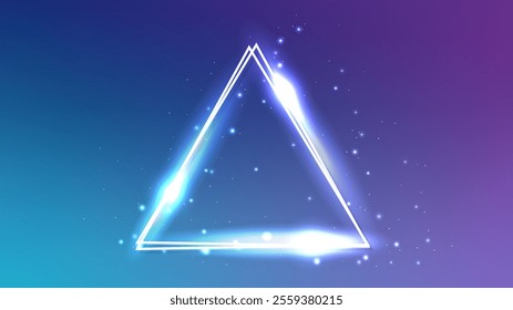 Neon double triangular frame with shining effects and sparkles on blue background. Empty glowing techno backdrop. Vector illustration