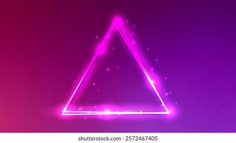 Neon double triangular frame with shining effects and sparkles on pink background. Empty glowing techno backdrop. Vector illustration