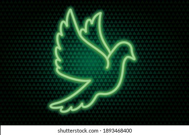 
Neon dove. The bird flaps its wings. Colored vector illustration. Isolated background of green hearts. Valentines Day. Symbol of marriage. Green neon glow. The pigeon is a symbol of peace. 