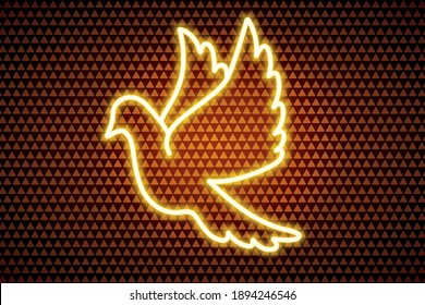 
Neon dove. The bird flaps its wings. Vector illustration. Isolated background from golden triangles. Golden bird. Valentines Day. Symbol of marriage. Neon glow. The pigeon is a symbol of peace. 