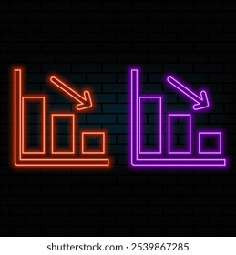 Ícone do gráfico de queda de néon. Sinal de gráfico de queda de néon brilhante, seta para baixo em cores vivas. Previsão financeira, reduzir resultados, tendência de queda. Conjunto de ícones brilhantes, sinal, símbolo para design de interface do usuário. Ilustração vetorial.